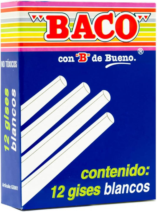 Caja de Gises Baco Blancos Moldeados de 85 mm, No Tóxico (12 Gises)